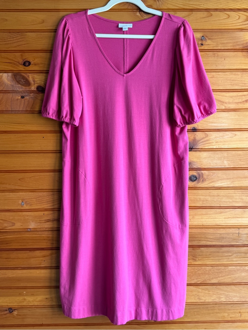 J. Jill Dahlia Pink Shift Dress M Puff Sleeve V Neck Stretch Pockets Casual